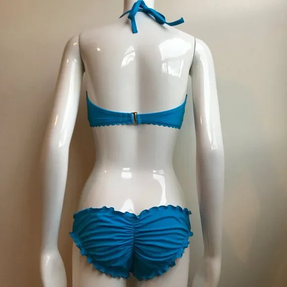 SunDazed 34 DD Bra cup solid turquoise blue underwire top set shirred ruffled - Picture 9 of 11
